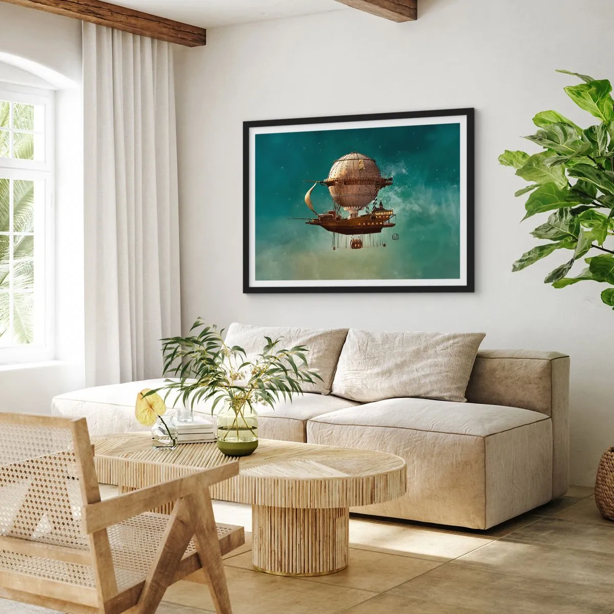 Poster in einem schwarzem Rahmen - Ein fantastisches Luftschiff vor dem grünlichen Himmel - 70x50cm - Jules Verne sagt Hallo - Moderne Wanddekoration für Wohnzimmer und Schlafzimmer ARTTOR