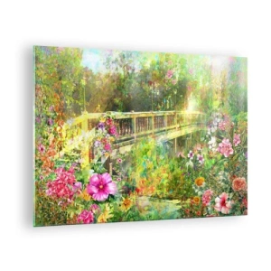 Glasbild - Bild auf glas - Eine Brücke umgeben von üppiger Vegetation und bunten Blumen - 70x50cm - Eine Brücke aus Frühlingsseufzern - Moderne Wanddekoration für Wohnzimmer und Schlafzimmer ARTTOR