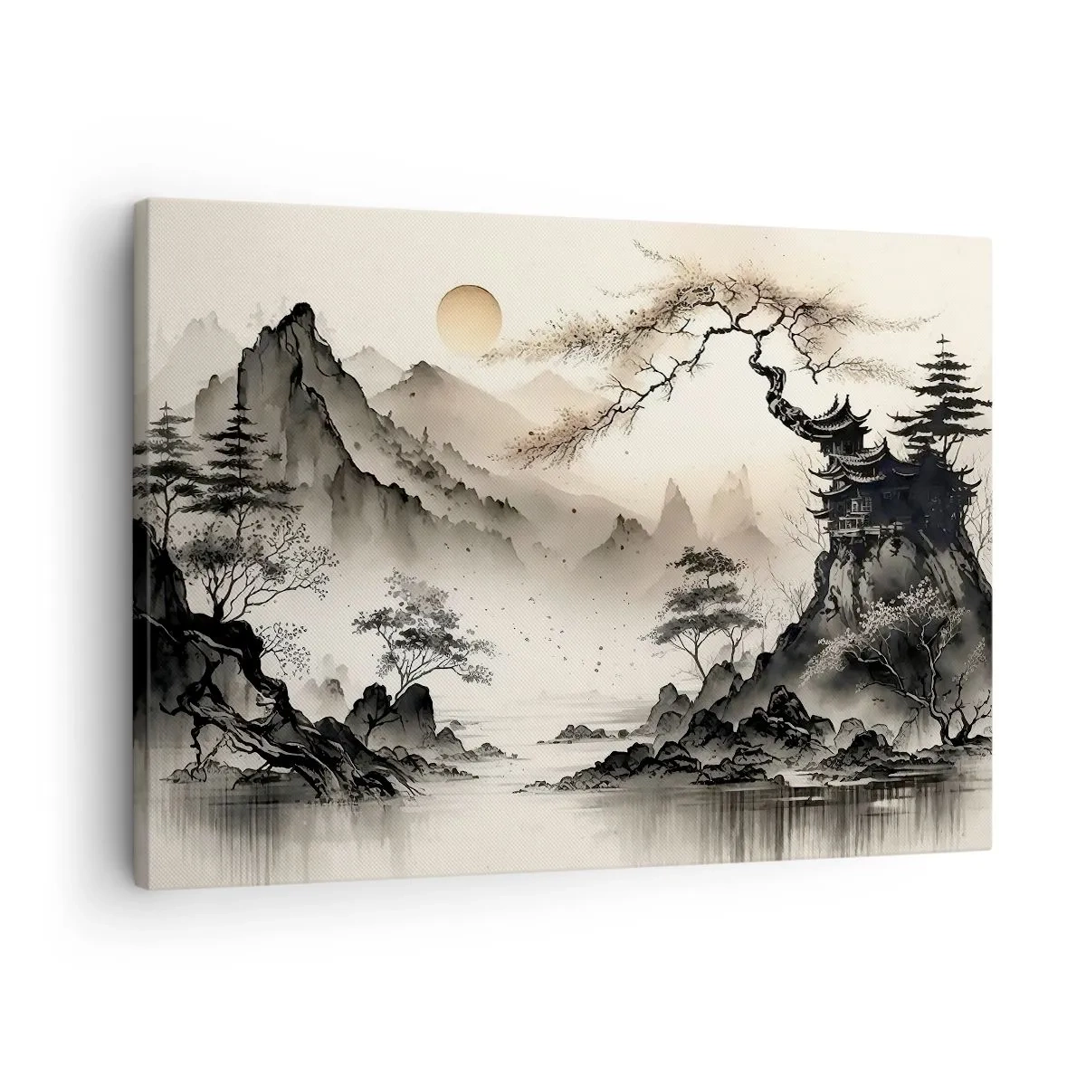 Bild auf Leinwand - Leinwandbild - Eine orientalische Landschaft mit Bergen und einer Pagode in zarten Farbtönen. - 70x50cm - Einzigartiger Charme des Orients - Moderne Wanddekoration für Wohnzimmer und Schlafzimmer ARTTOR
