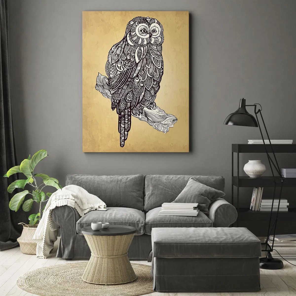 Bild auf Leinwand - Leinwandbild - Eine Eule im Ornamentstil auf beigem Hintergrund - 50x70cm - Kunstvolle Ornamente der Weisheit - Moderne Wanddekoration für Wohnzimmer und Schlafzimmer ARTTOR