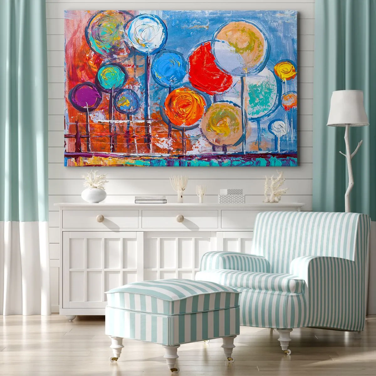 Bild auf Leinwand - Leinwandbild - Bunte abstrakte Bäume auf blauem Hintergrund - 100x70cm - Wunder am Stiel - Moderne Wanddekoration für Wohnzimmer und Schlafzimmer ARTTOR