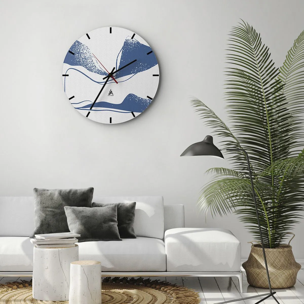 Wanduhr - Glasuhr - Grafische Abstraktion mit blauen Flügeln auf weißem Hintergrund - 30x30cm - Geflügelte Abstraktion - Moderne Wanddekoration für Wohnzimmer, Küche und Schlafzimmer ARTTOR