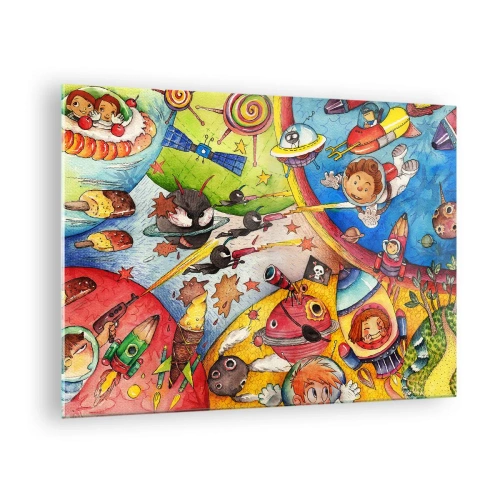 Glasbild - Bild auf glas - Eine farbenfrohe Illustration eines Weltraumabenteuers für Kinder - 70x50cm - Tolles Weltraumabenteuer - Moderne Wanddekoration für Wohnzimmer und Schlafzimmer ARTTOR