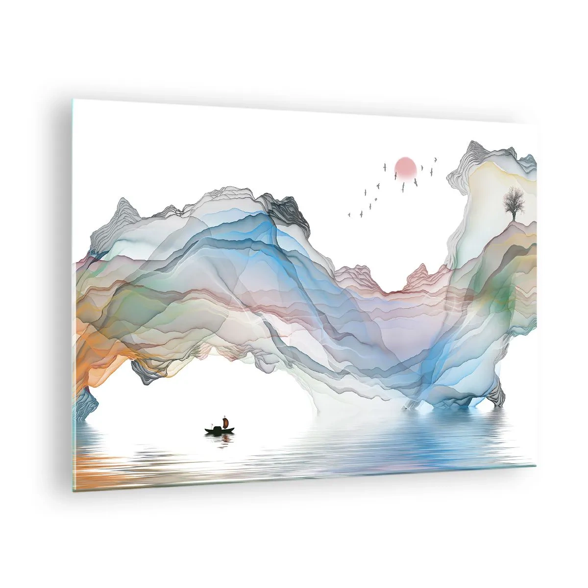 Glasbild - Bild auf glas - Bunte Berge mit einem Boot auf dem Wasser im Aquarellstil - 70x50cm - Zu den Kristallbergen - Moderne Wanddekoration für Wohnzimmer und Schlafzimmer ARTTOR