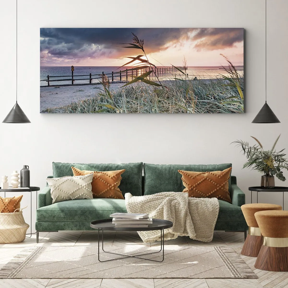 Bild auf Leinwand - Leinwandbild - Strand bei Sonnenuntergang mit Gräsern im Vordergrund - 140x50cm - Es vergeht nicht mit dem Wind - Moderne Wanddekoration für Wohnzimmer und Schlafzimmer ARTTOR