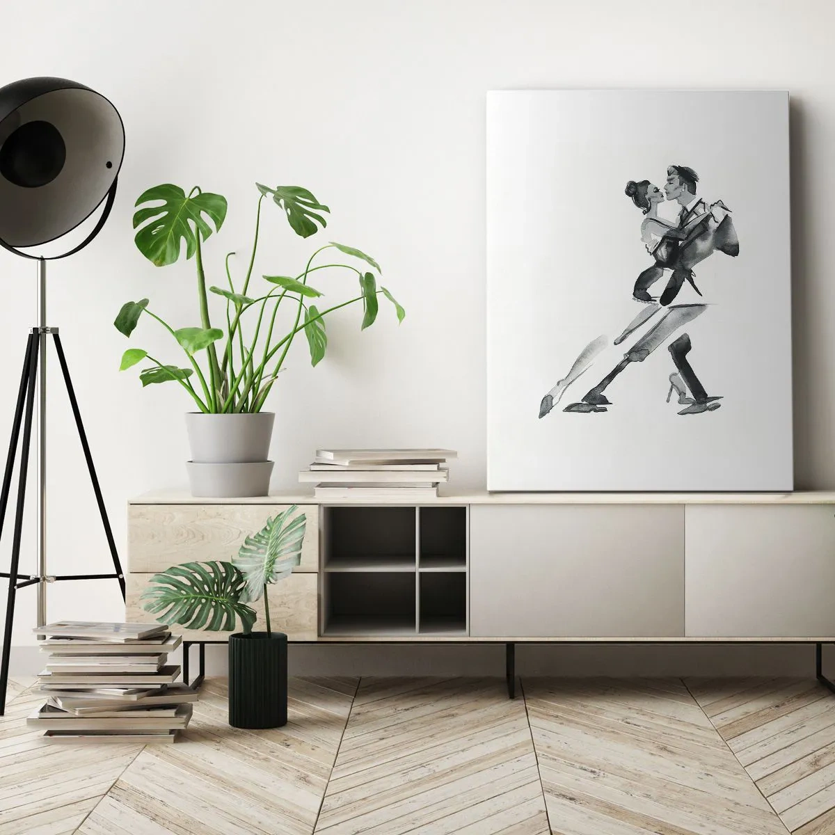 Bild auf Leinwand - Leinwandbild - Eine subtile Illustration eines tanzenden Paares im monochromen Stil. - 50x70cm - In einem Schlag - Moderne Wanddekoration für Wohnzimmer und Schlafzimmer ARTTOR