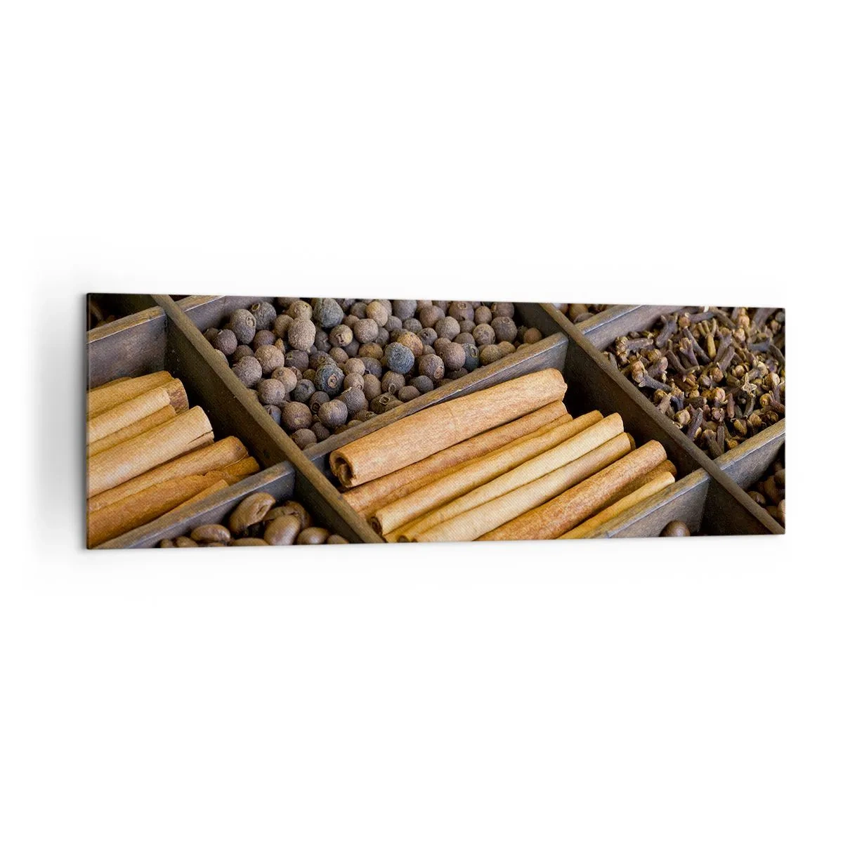 Bild auf Leinwand - Leinwandbild - Gewürze und Kaffee in Holzfächern - 160x50cm - Eine Fundgrube an Aromen - Moderne Wanddekoration für Wohnzimmer und Schlafzimmer ARTTOR