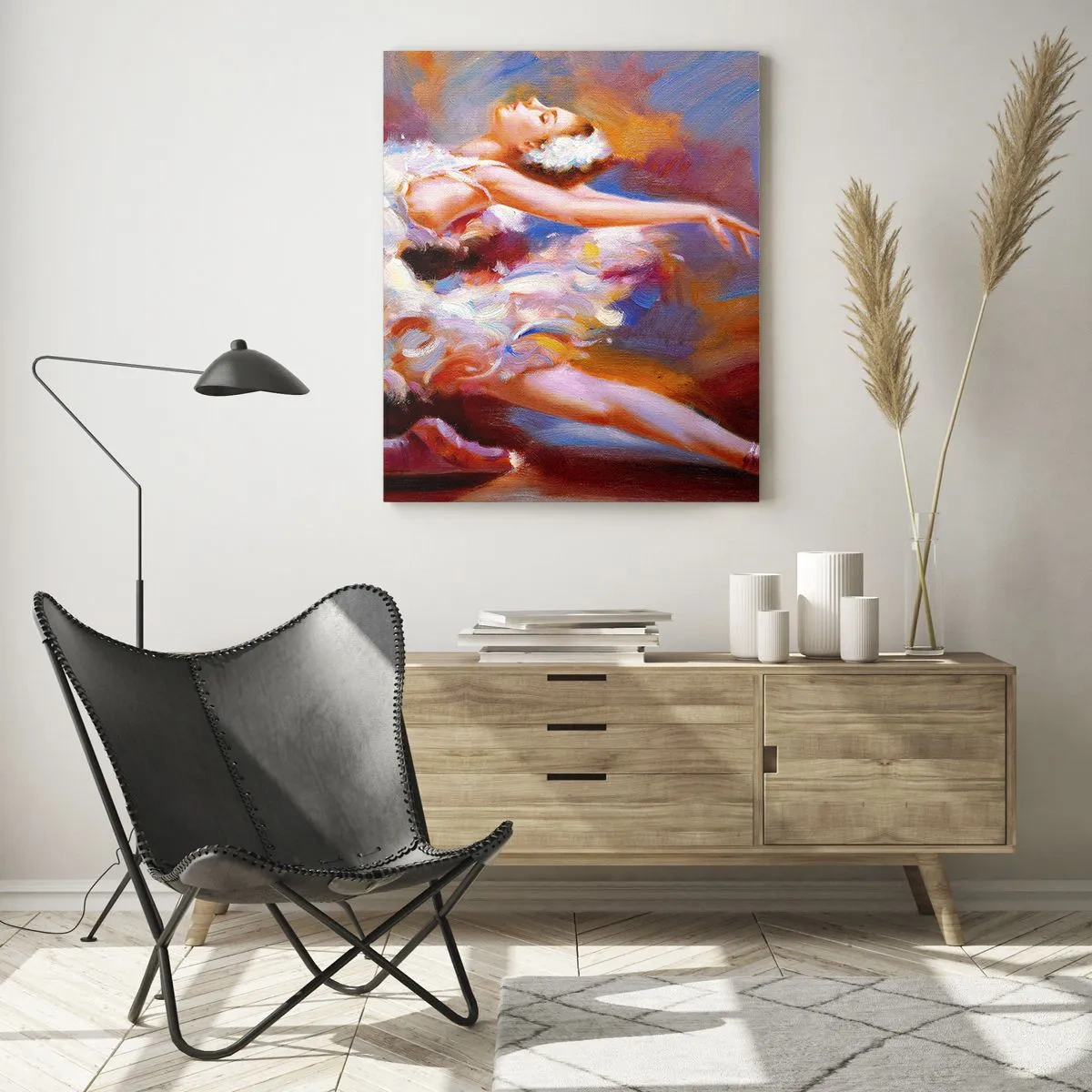 Glasbild - Bild auf glas - Eine Ballerina in dynamischer Pose inmitten von Pastellfarben. - 70x100cm - Schwan Gnade - Moderne Wanddekoration für Wohnzimmer und Schlafzimmer ARTTOR