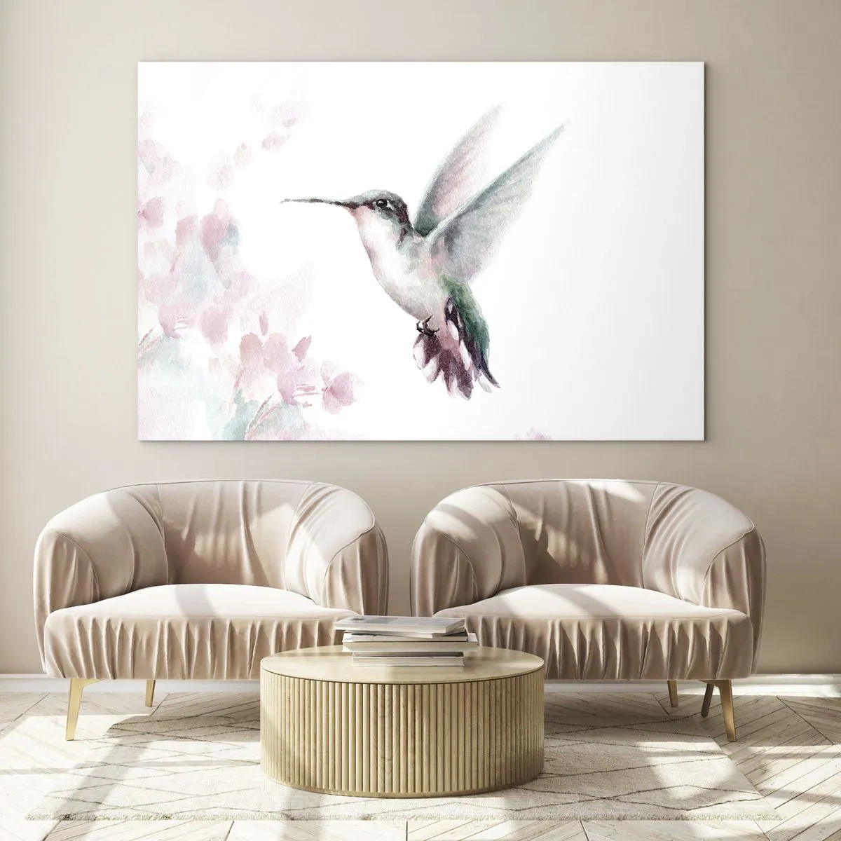 Glasbild - Bild auf glas - Bunter Kolibri in zartem Aquarell - 120x80cm - Im Flattern gehalten - Moderne Wanddekoration für Wohnzimmer und Schlafzimmer ARTTOR