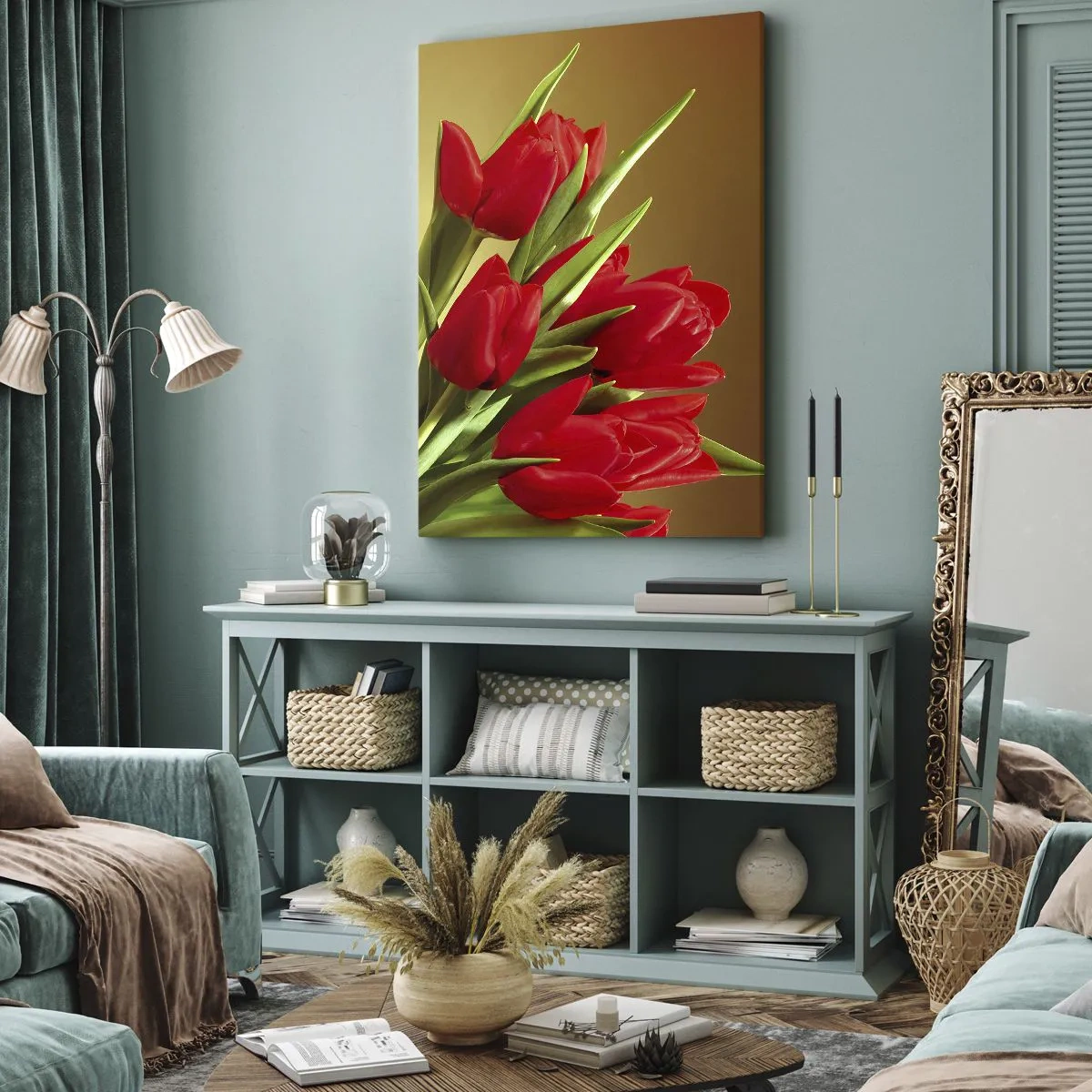 Bild auf Leinwand - Leinwandbild - Ein Strauß roter Tulpen auf goldenem Hintergrund mit grünen Blättern. - 70x100cm - Ein Haufen Frühlingsfreude - Moderne Wanddekoration für Wohnzimmer und Schlafzimmer ARTTOR