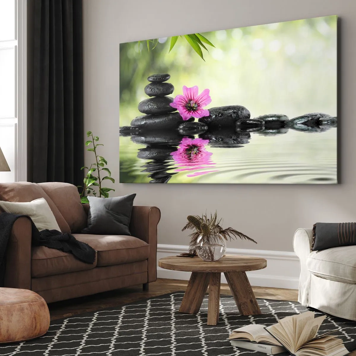 Bild auf Leinwand - Leinwandbild - Zen-Steine und eine rosa Blume spiegeln sich im Wasser - 100x70cm - Zeit für die Seele - Moderne Wanddekoration für Wohnzimmer und Schlafzimmer ARTTOR