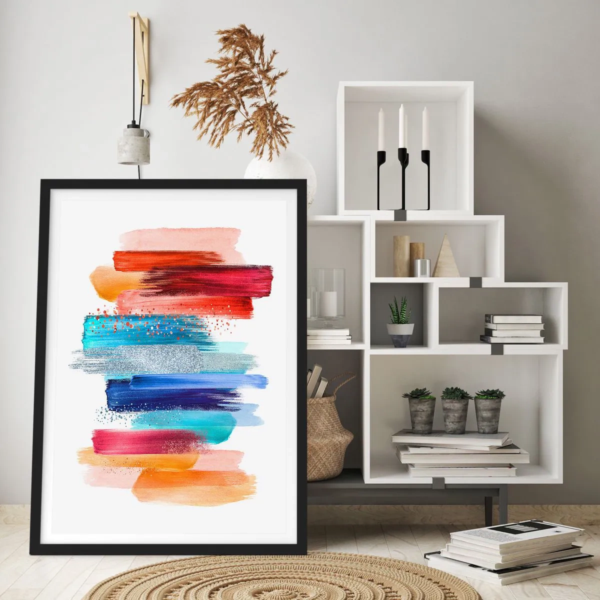 Poster in einem schwarzem Rahmen - Bunte abstrakte Pinselstriche auf weißem Hintergrund - 50x70cm - Auf und ab - Moderne Wanddekoration für Wohnzimmer und Schlafzimmer ARTTOR