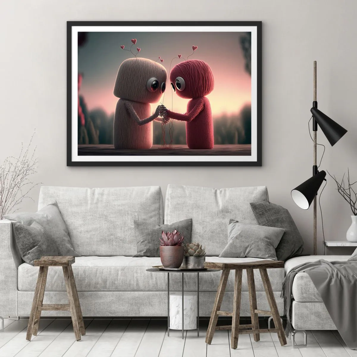 Poster in einem schwarzem Rahmen - Garnfiguren in einer bezaubernden Umgebung mit Herzmotiven - 70x50cm - Jeder darf lieben - Moderne Wanddekoration für Wohnzimmer und Schlafzimmer ARTTOR