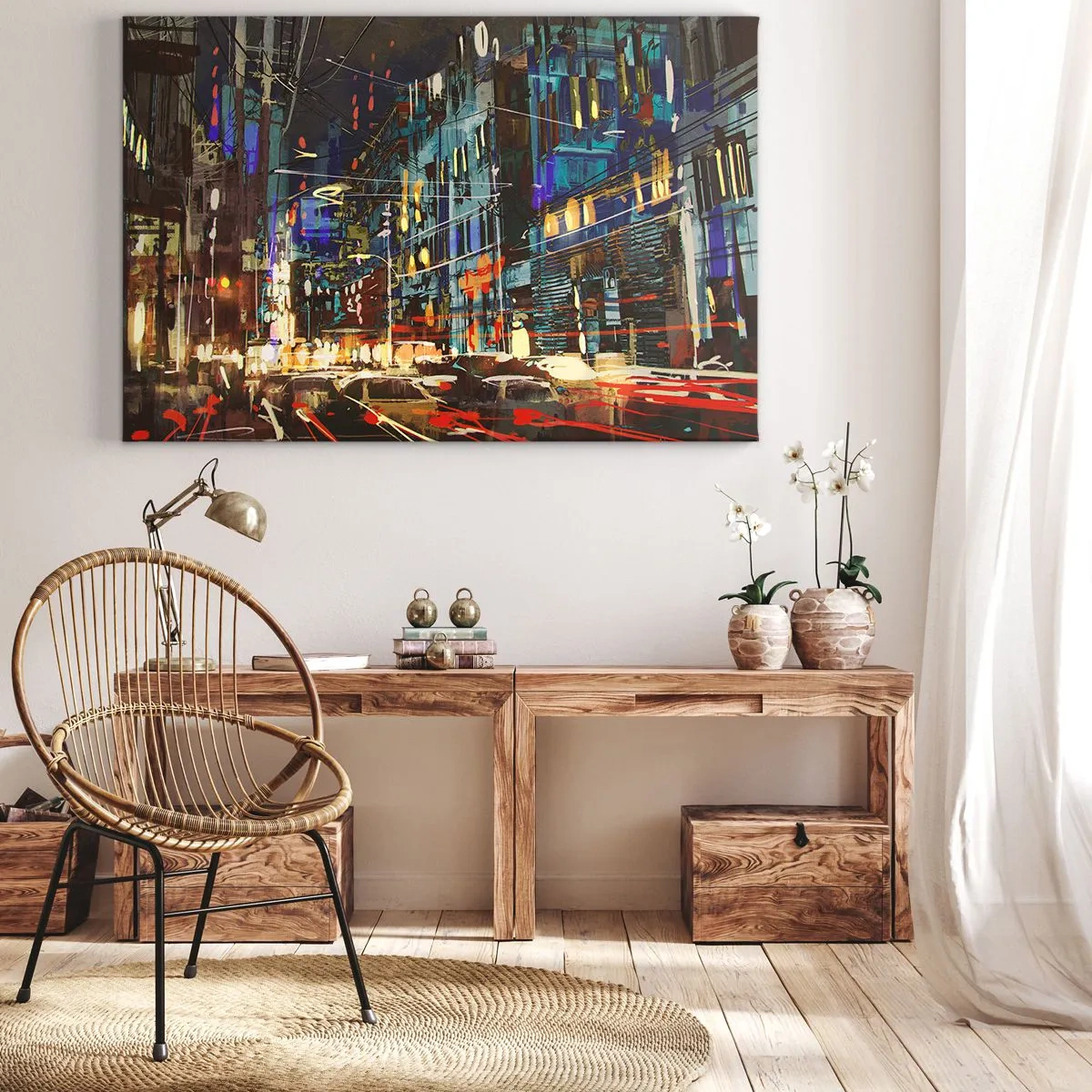 Bild auf Leinwand - Leinwandbild - Stadtnachtszene mit Neonlichtern - 100x70cm - Abendlicher Straßentrubel - Moderne Wanddekoration für Wohnzimmer und Schlafzimmer ARTTOR