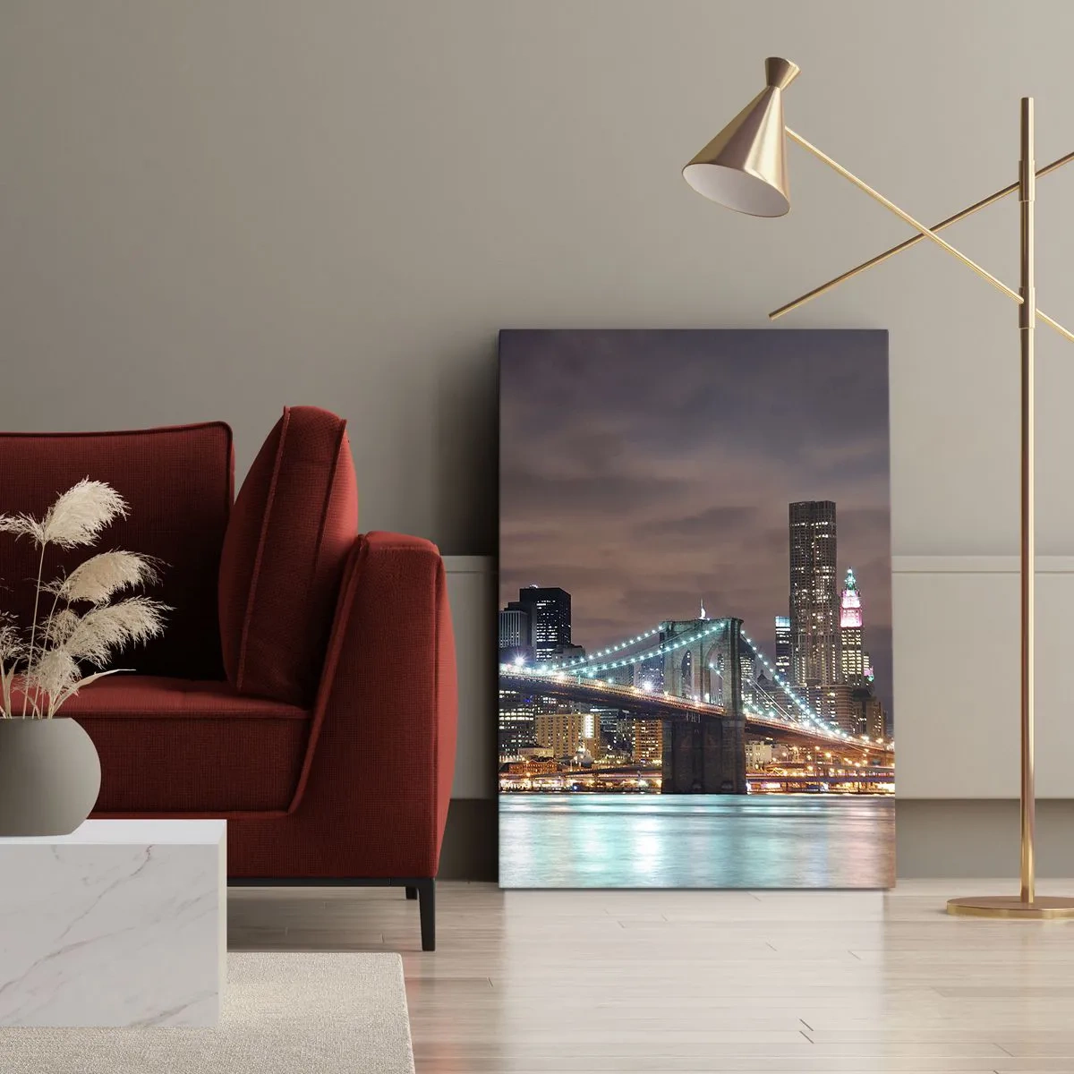 Bild auf Leinwand - Leinwandbild - Die nachts beleuchtete Brücke vor dem Hintergrund des modernen Stadtpanoramas - 50x70cm - Lichter der Großstadt - Moderne Wanddekoration für Wohnzimmer und Schlafzimmer ARTTOR