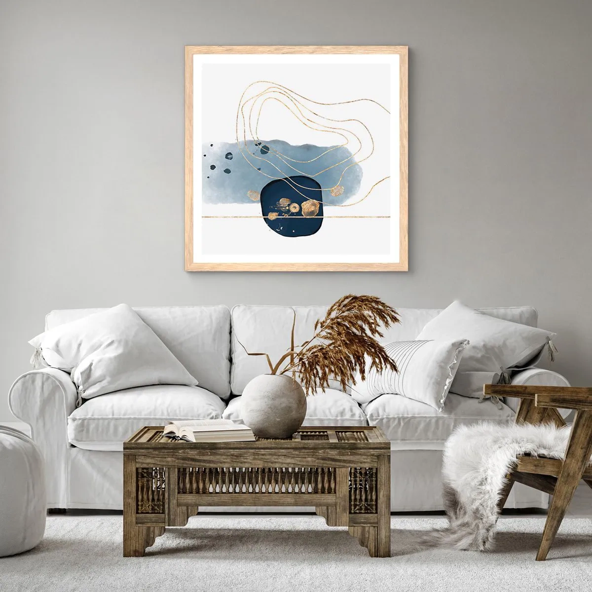 Poster in einem Rahmen aus heller Eiche - Blau-goldene Fantasie - 30x30 cm