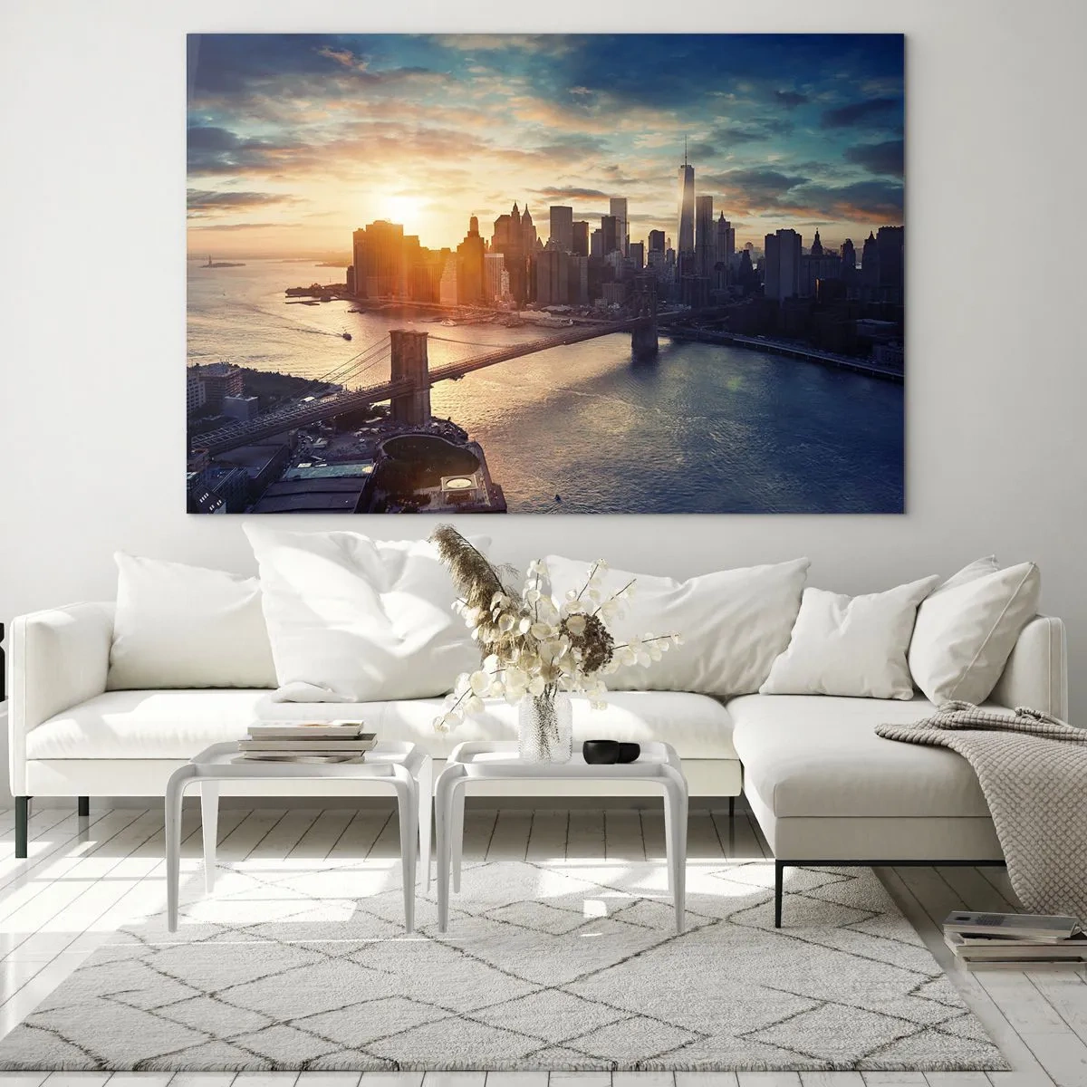 Glasbild - Bild auf glas - Blick auf die Stadt bei Sonnenuntergang mit der Brücke im Vordergrund - 70x50cm - Westliches Kulturdenkmal - Moderne Wanddekoration für Wohnzimmer und Schlafzimmer ARTTOR