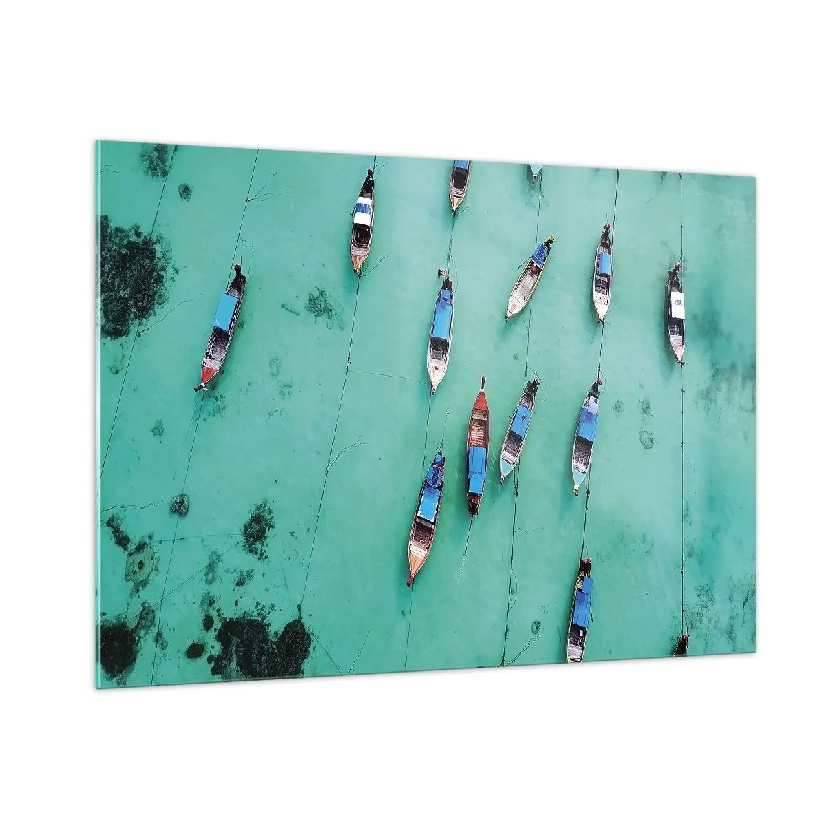 Glasbild - Bild auf glas - Boote auf türkisfarbenem Wasser von oben gesehen - 100x70cm - In freudiger Erwartung - Moderne Wanddekoration für Wohnzimmer und Schlafzimmer ARTTOR
