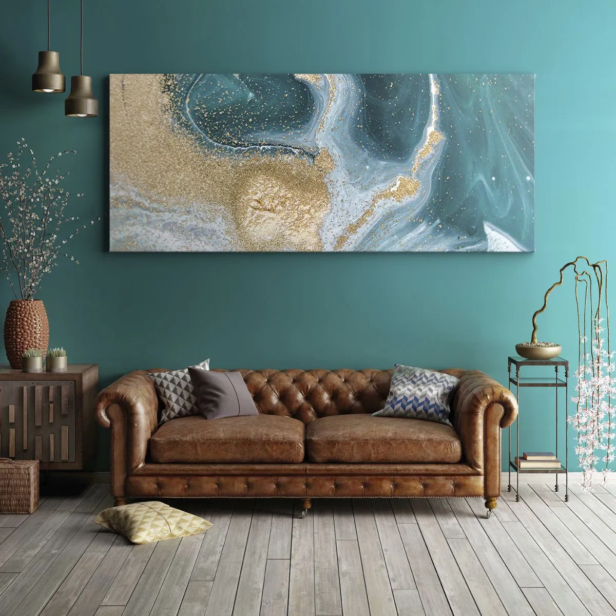 Bild auf Leinwand - Leinwandbild - Abstrakter Wirbel in Türkis- und Goldtönen - 160x50cm - Ein Strudel aus Gold und Türkis - Moderne Wanddekoration für Wohnzimmer und Schlafzimmer ARTTOR