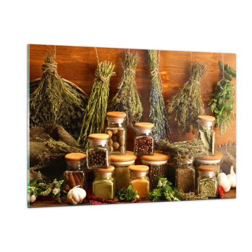 Glasbild - Bild auf glas - Kräuter und Gewürze in Gläsern auf einem hölzernen Hintergrund - 120x80cm - Küchenzauber - Moderne Wanddekoration für Wohnzimmer und Schlafzimmer ARTTOR