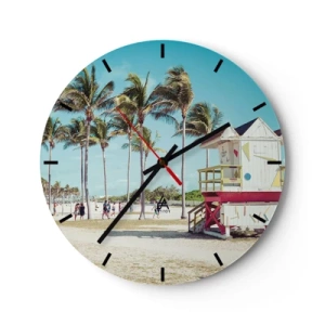 Wanduhr - Glasuhr - Miami Beach mit Palmen und einem farbenfrohen Rettungsschwimmergebäude - 30x30cm - Dir steht ein schöner Tag bevor - Moderne Wanddekoration für Wohnzimmer, Küche und Schlafzimmer ARTTOR