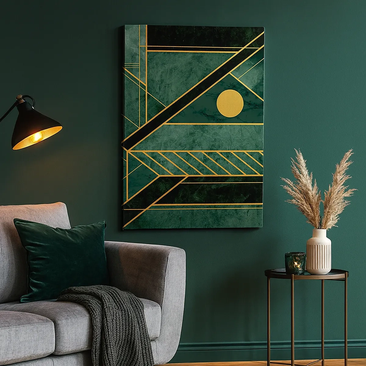 Bild auf Leinwand - Leinwandbild - Grünes und goldenes geometrisches Design mit elegantem Muster - 50x70cm - Dynamik von Gold und Azurblau - Moderne Wanddekoration für Wohnzimmer und Schlafzimmer ARTTOR