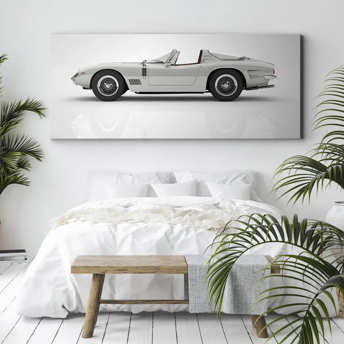 Bild auf Leinwand - Leinwandbild - Klassisches weißes Cabrio auf hellem Hintergrund - 160x50cm - Spaß versprochen - Moderne Wanddekoration für Wohnzimmer und Schlafzimmer ARTTOR