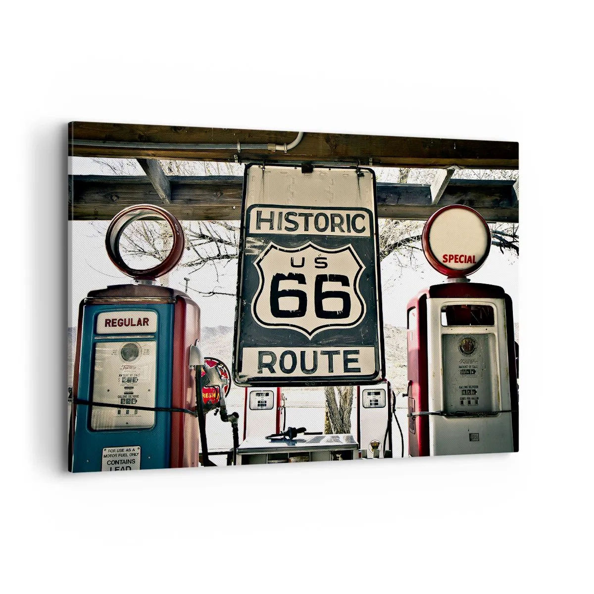 Bild auf Leinwand - Leinwandbild - Historische Tankstelle an der Route 66 - 100x70cm - Amerikanische Retro-Reise - Moderne Wanddekoration für Wohnzimmer und Schlafzimmer ARTTOR