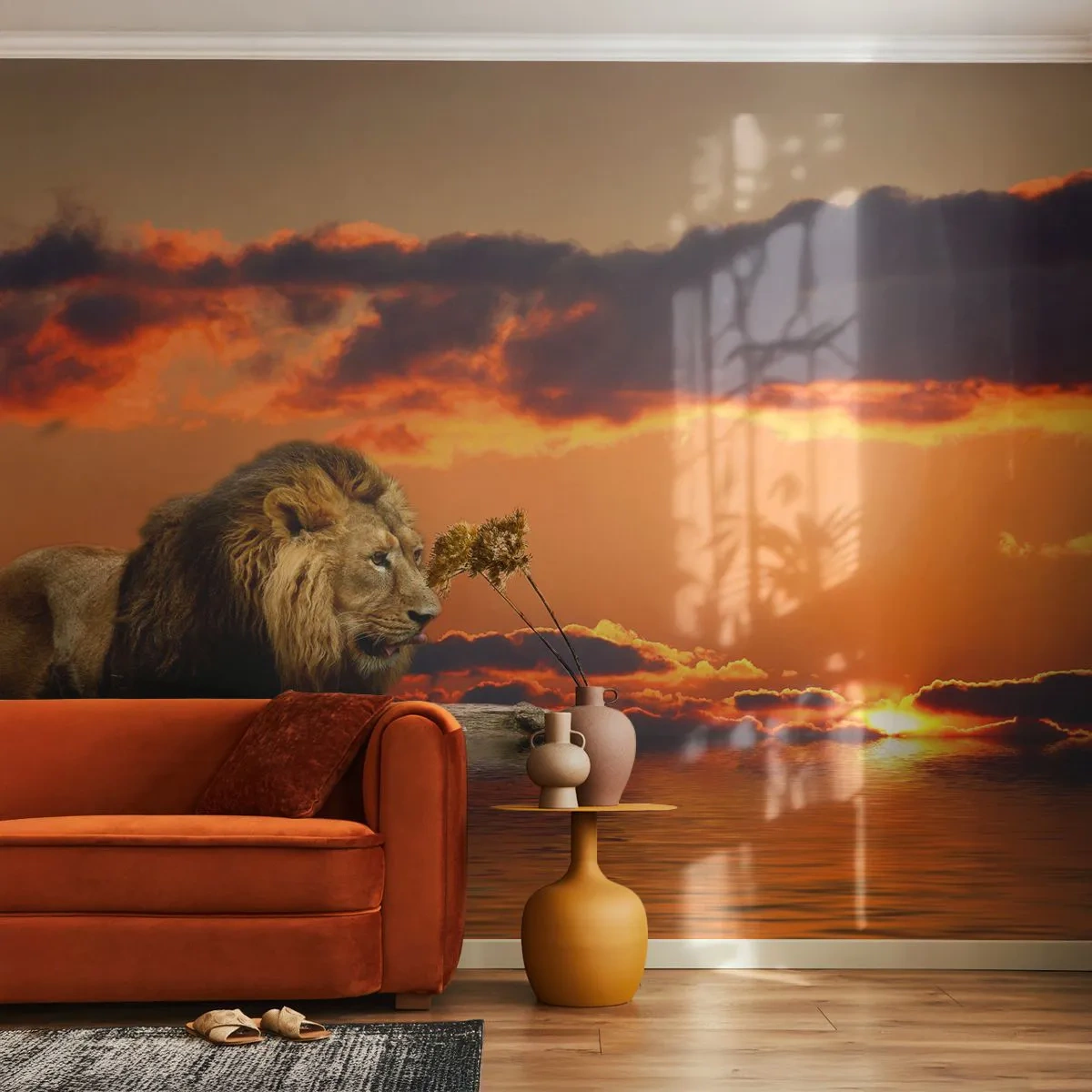 Selbstklebende Fototapete Deluxe Sticker - König der Natur - Löwe, Sonnenuntergang, Tiere - 400x280 cm