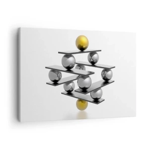 Bild auf Leinwand - Leinwandbild - Geometrische Komposition mit Metallkugeln und einem goldenen Akzent - 70x50cm - Gold- und Silberbalance - Moderne Wanddekoration für Wohnzimmer und Schlafzimmer ARTTOR