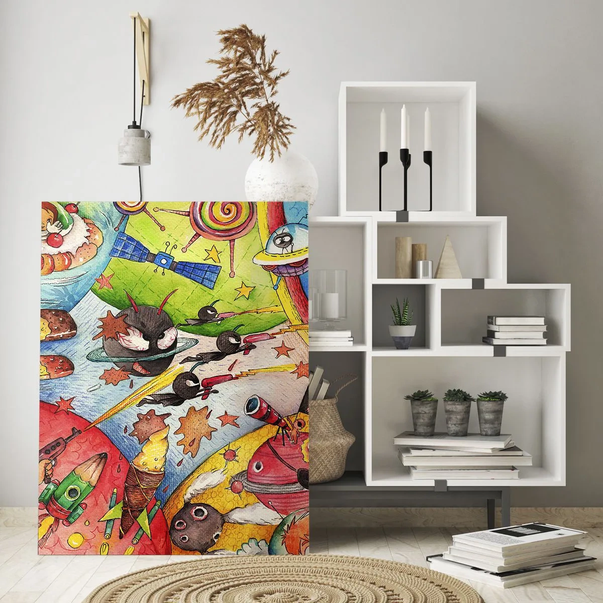 Glasbild - Bild auf glas - Eine bunte Weltraumszene voller Kinder und Raumschiffe - 70x100cm - Tolles Weltraumabenteuer - Moderne Wanddekoration für Wohnzimmer und Schlafzimmer ARTTOR