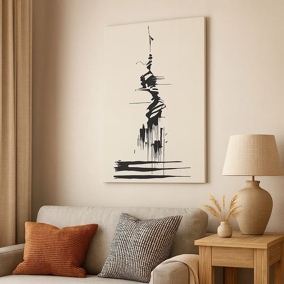 Bild auf Leinwand - Leinwandbild - Minimalistische Abstraktion mit schwarzen Linien auf hellem Hintergrund - 50x70cm - Hastige Abstraktion - Moderne Wanddekoration für Wohnzimmer und Schlafzimmer ARTTOR