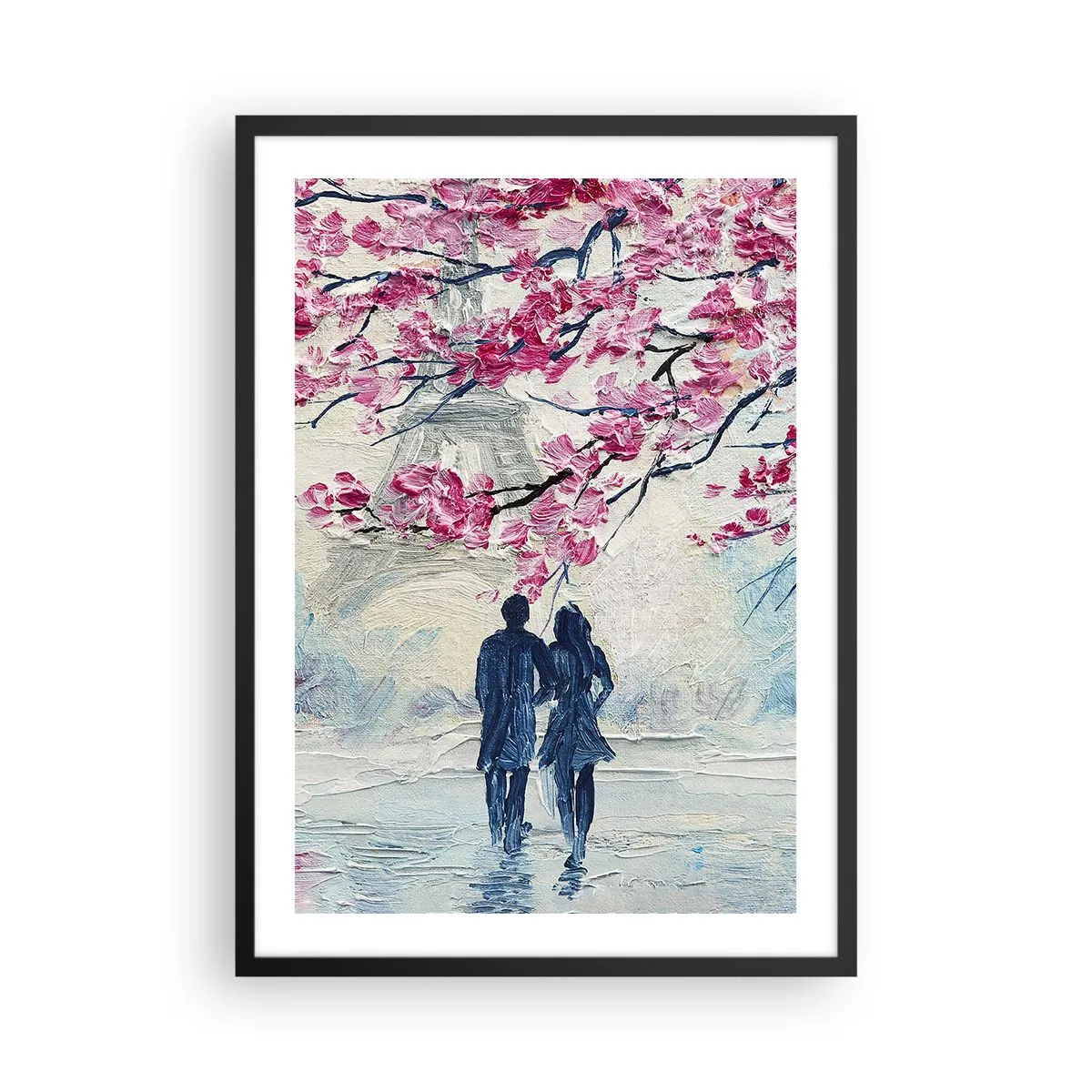 Poster in einem schwarzem Rahmen - Ein Paar unter blühenden Zweigen in romantischer Landschaft - 50x70cm - Romantischer Spaziergang - Moderne Wanddekoration für Wohnzimmer und Schlafzimmer ARTTOR