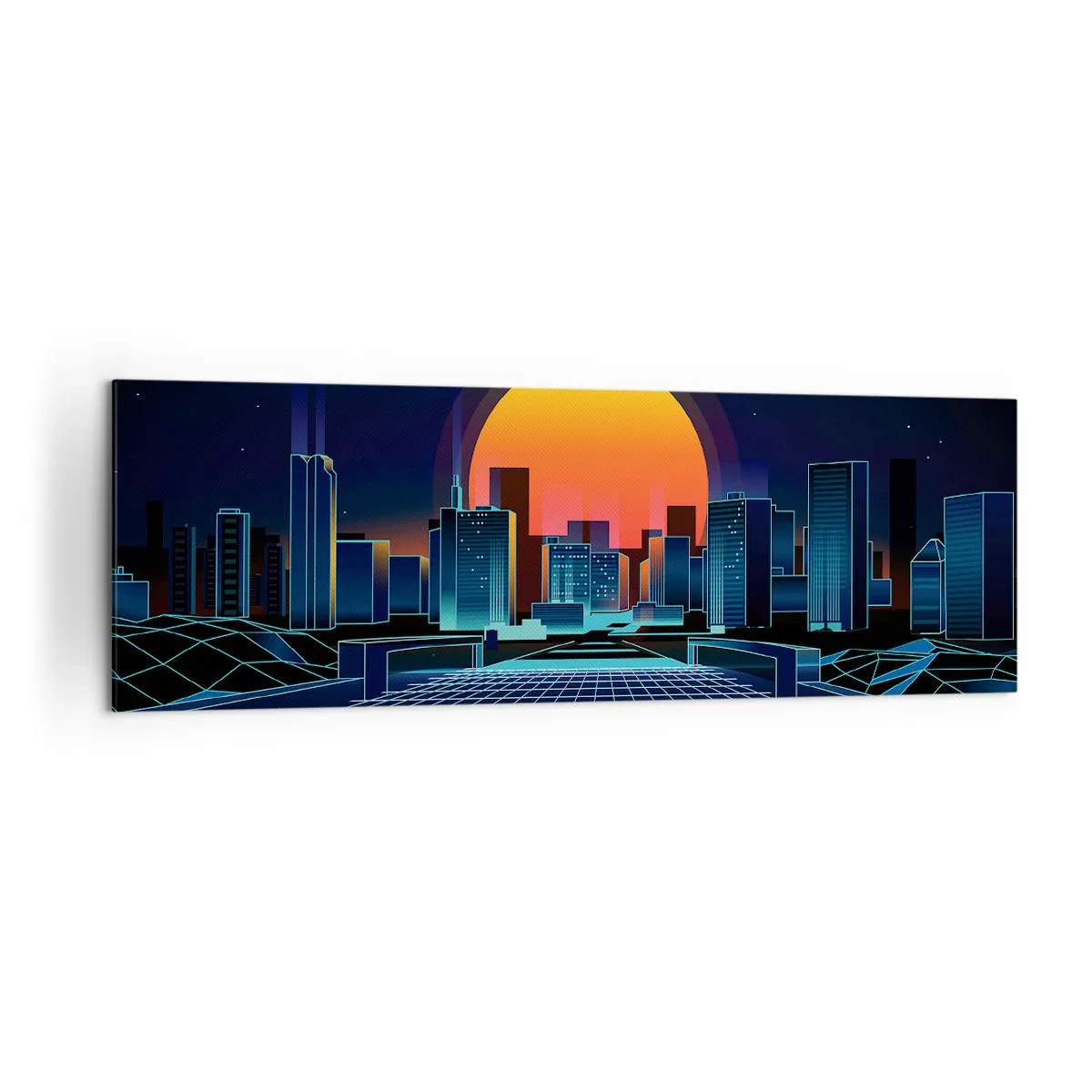 Bild auf Leinwand - Leinwandbild - Futuristische Skyline im Neon-Stil - 160x50cm - Willst du immer noch zu Real gehen? - Moderne Wanddekoration für Wohnzimmer und Schlafzimmer ARTTOR