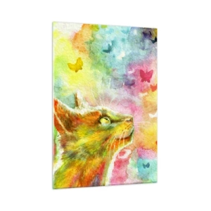 Glasbild - Bild auf glas - Eine Katze beobachtet bunte Schmetterlinge vor einem pastellfarbenen Hintergrund. - 50x70cm - Baju-baju im Katzenparadies - Moderne Wanddekoration für Wohnzimmer und Schlafzimmer ARTTOR