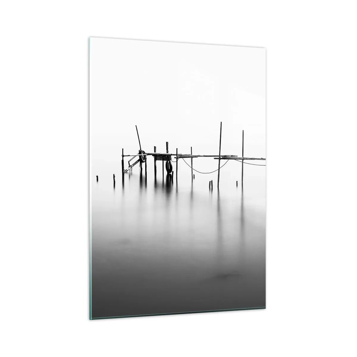 Glasbild - Bild auf glas - Ein schwarz-weißer Steg auf einer ruhigen Wasseroberfläche - 50x70cm - Was ist, wenn es keine Welt gibt? - Moderne Wanddekoration für Wohnzimmer und Schlafzimmer ARTTOR