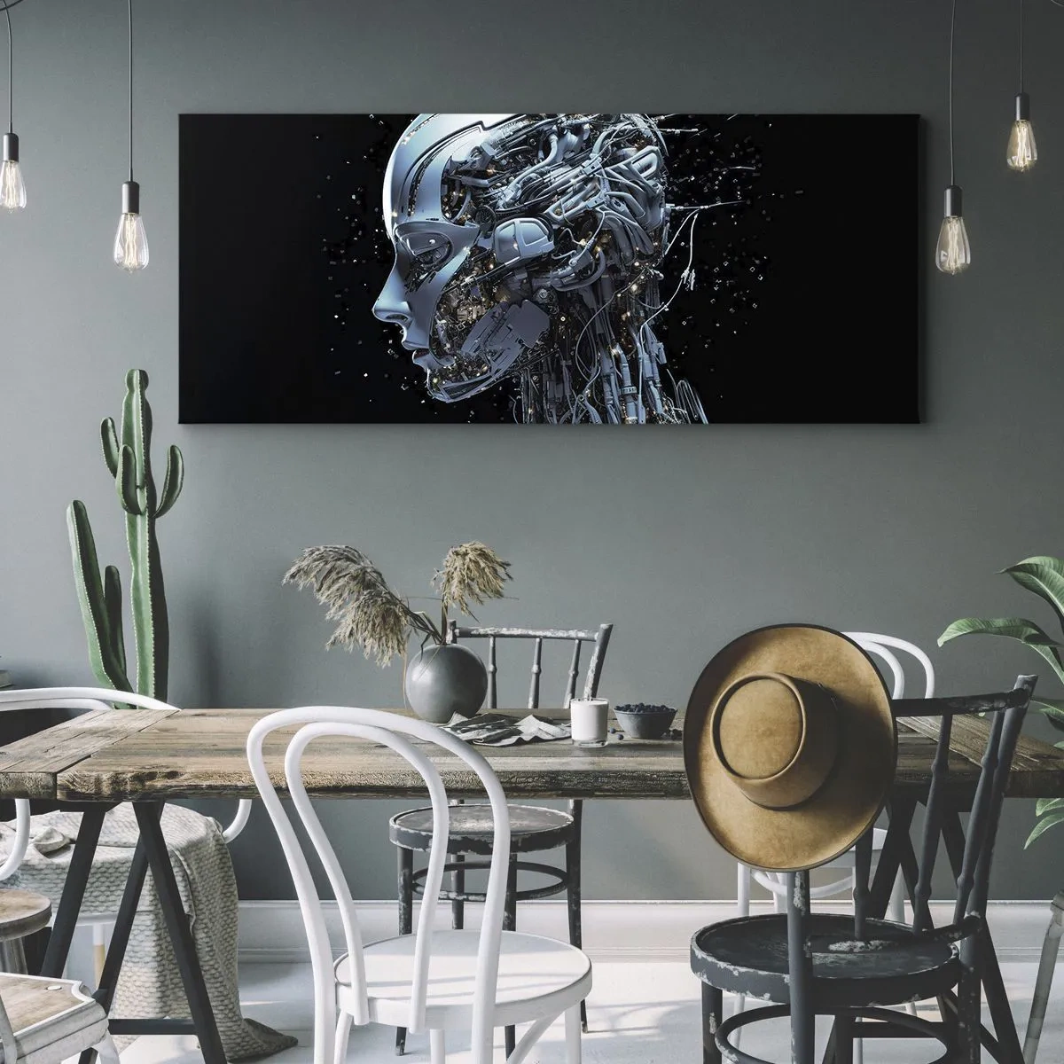 Bild auf Leinwand - Leinwandbild - Futuristisches Porträt eines Cyborgs im Industriestil auf schwarzem Hintergrund. - 120x50cm - Technologie ist eine Frau - Moderne Wanddekoration für Wohnzimmer und Schlafzimmer ARTTOR