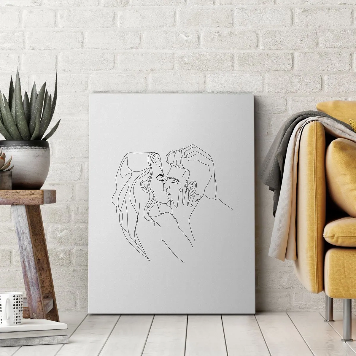 Bild auf Leinwand - Leinwandbild - Die Umrisse eines sich küssenden Paares auf hellem Hintergrund - 50x70cm - Dieselbe Linie - Moderne Wanddekoration für Wohnzimmer und Schlafzimmer ARTTOR