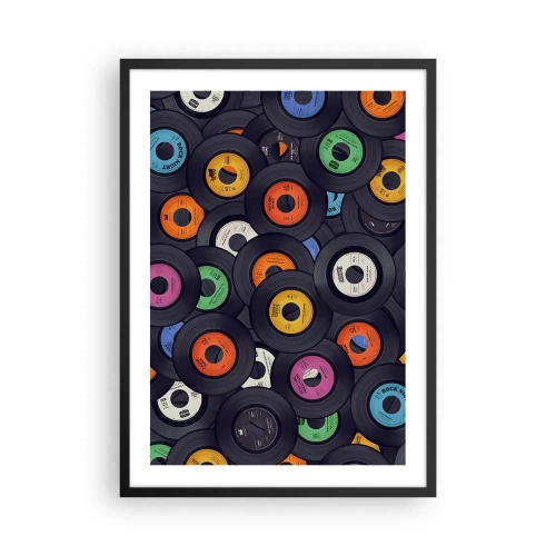 Poster in einem schwarzem Rahmen - Eine Sammlung bunter Vinyl-Schallplatten - 50x70cm - Farben der Klassiker - Moderne Wanddekoration für Wohnzimmer und Schlafzimmer ARTTOR