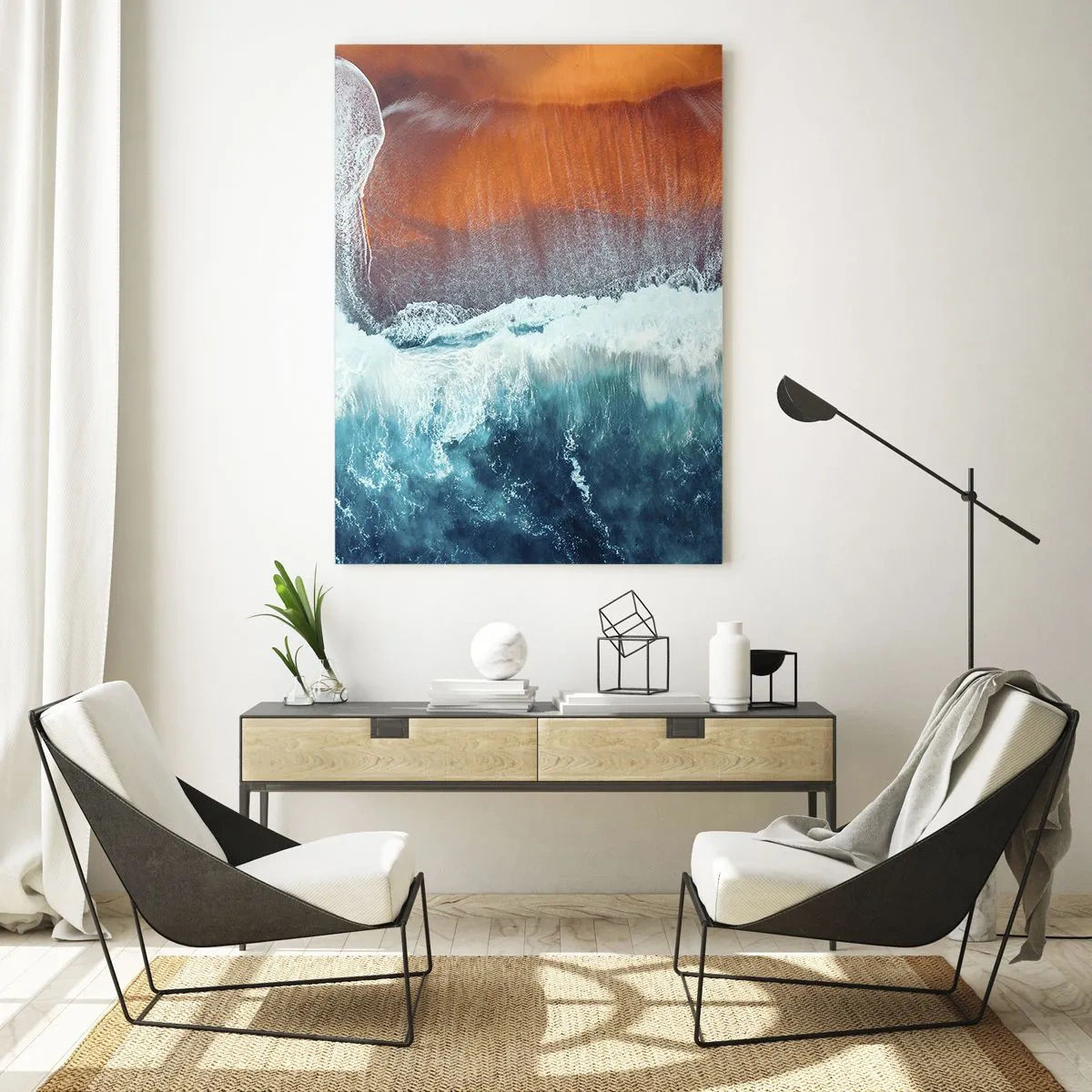 Glasbild - Bild auf glas - Ein Blick auf die Meereswellen, die am goldenen Strand brechen - 80x120cm - Berührung des Ozeans - Moderne Wanddekoration für Wohnzimmer und Schlafzimmer ARTTOR