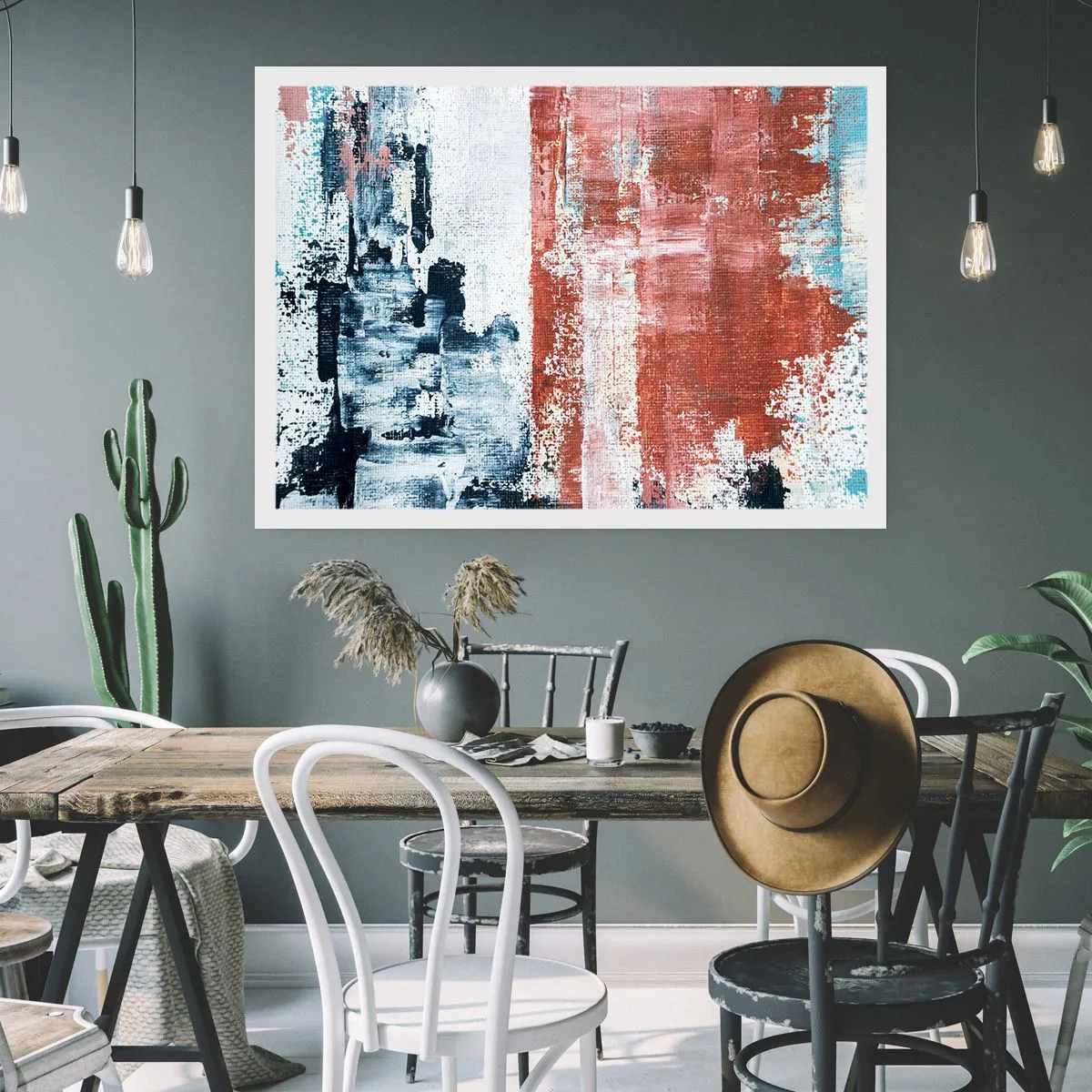 Poster - Abstraktion in Weiß-, Blau- und Ziegelfarben - 100x70cm - Fünfzig-Fünfzig abstrakt - Moderne Wanddekoration für Wohnzimmer und Schlafzimmer ARTTOR