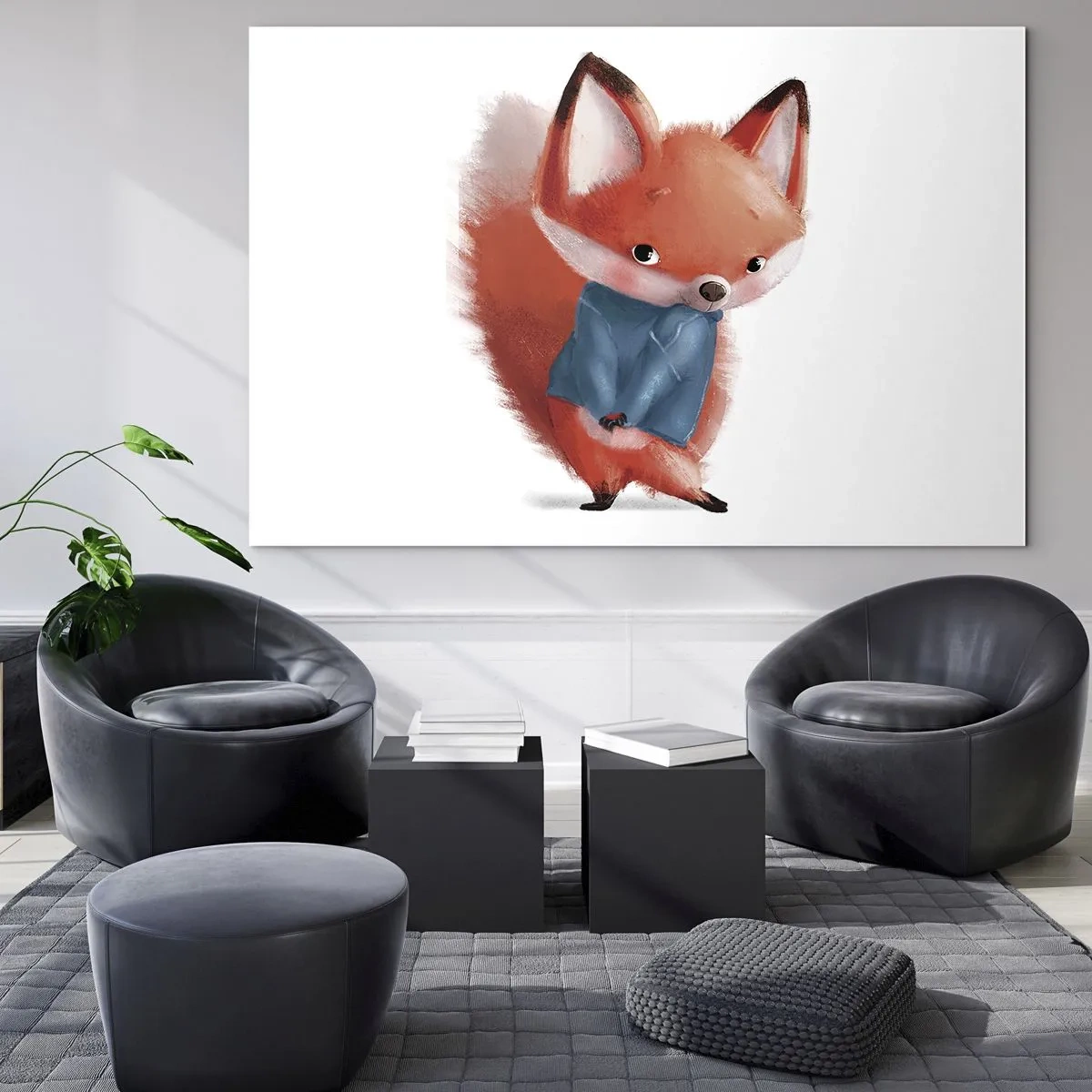 Glasbild - Bild auf glas - Ein süßer Fuchs in einem blauen Pullover auf weißem Hintergrund - 100x70cm - Steht mir das gut? - Moderne Wanddekoration für Wohnzimmer und Schlafzimmer ARTTOR