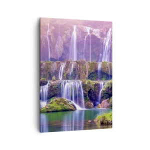 Bild auf Leinwand - Leinwandbild - Wasserfälle umgeben von Grün mit pastellfarbener Beleuchtung - 50x70cm - Treppe zum Himmel - Moderne Wanddekoration für Wohnzimmer und Schlafzimmer ARTTOR
