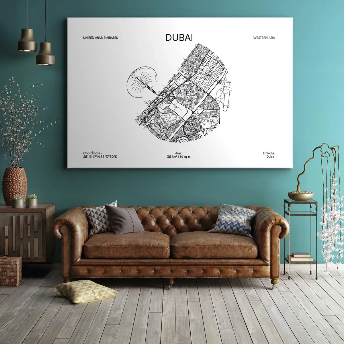 Bild auf Leinwand - Leinwandbild - Eine minimalistische Schwarzweißkarte von Dubai mit Standortmarkierungen. - 70x50cm - Anatomie von Dubai - Moderne Wanddekoration für Wohnzimmer und Schlafzimmer ARTTOR