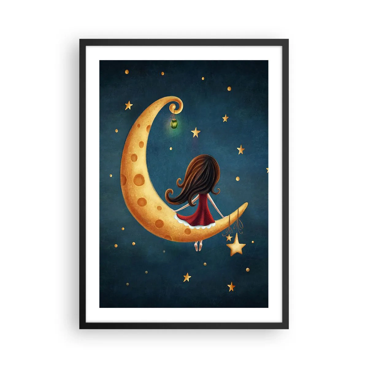 Poster in einem schwarzem Rahmen - Ein Mädchen auf dem Mond, umgeben von Sternen und einer Laterne - 50x70cm - Einmal… - Moderne Wanddekoration für Wohnzimmer und Schlafzimmer ARTTOR