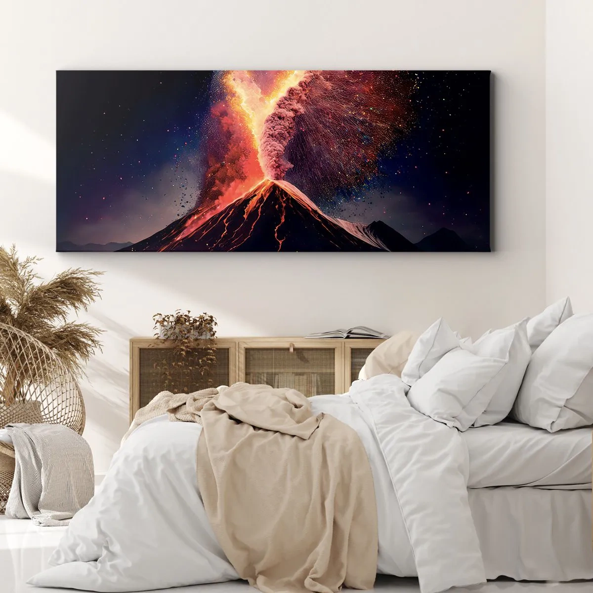 Bild auf Leinwand - Leinwandbild - Ein einzigartiger Vulkanausbruch bei Nacht mit dynamischen Farben. - 120x50cm - Schönheit und Horror - Moderne Wanddekoration für Wohnzimmer und Schlafzimmer ARTTOR