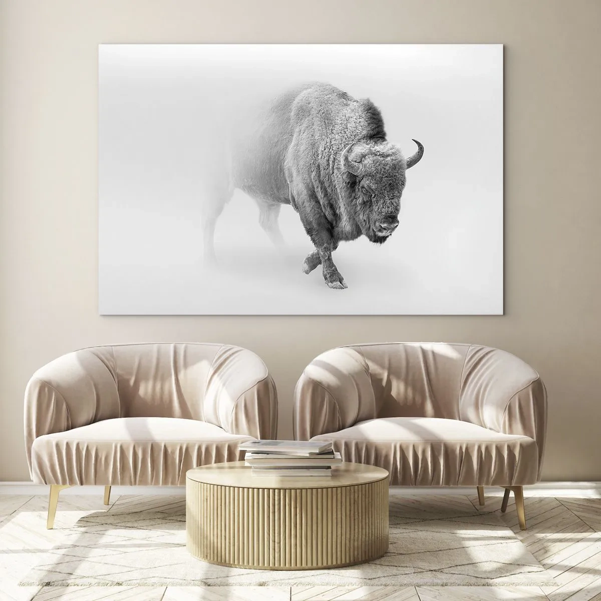 Glasbild - Bild auf glas - Schwarz-Weiß-Illustration eines majestätischen Bisons - 120x80cm - König der Prärie - Moderne Wanddekoration für Wohnzimmer und Schlafzimmer ARTTOR