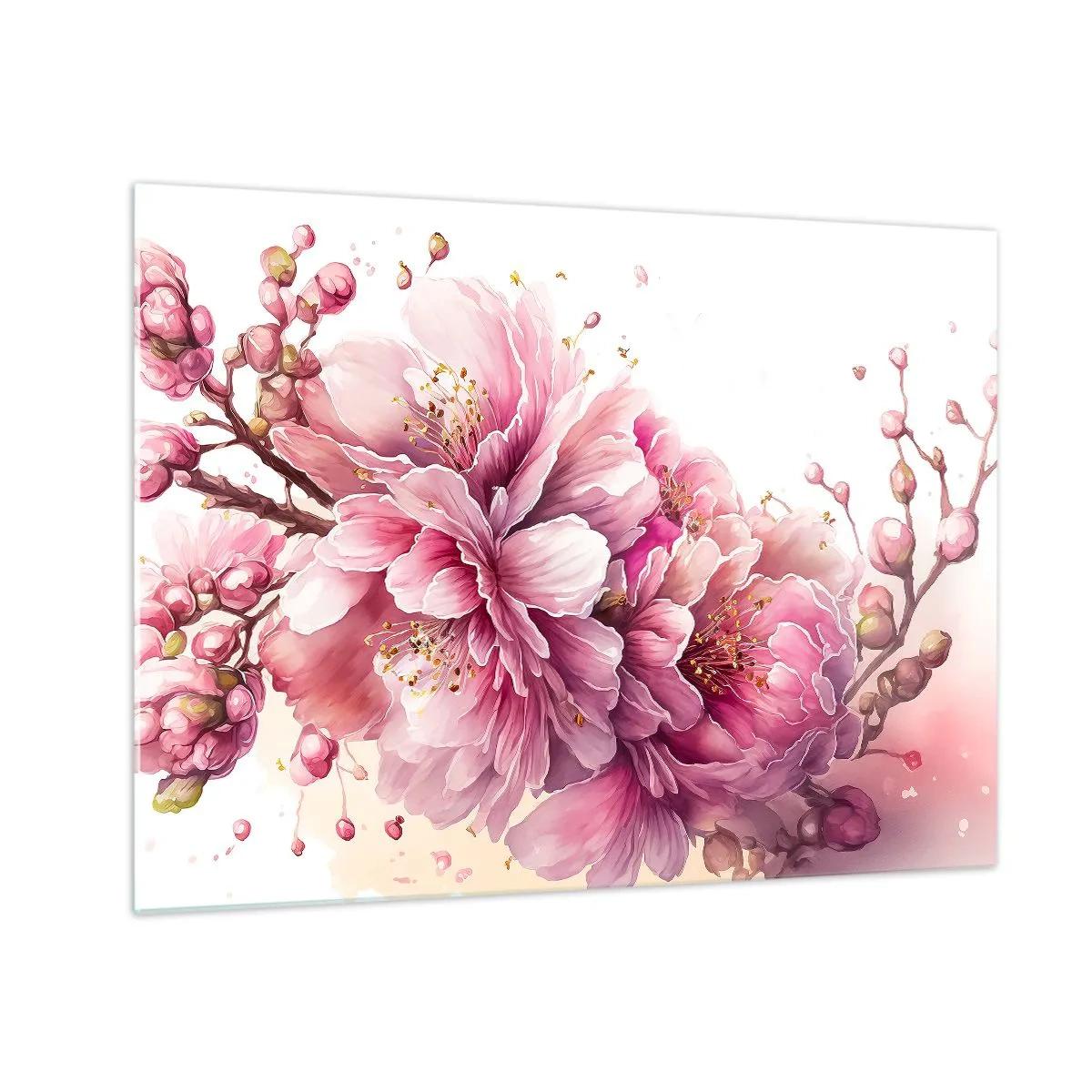 Glasbild - Bild auf glas - Rosa Kirschblüten in voller Blüte vor hellem Hintergrund - 70x50cm - Kirschblütenblüte - Moderne Wanddekoration für Wohnzimmer und Schlafzimmer ARTTOR