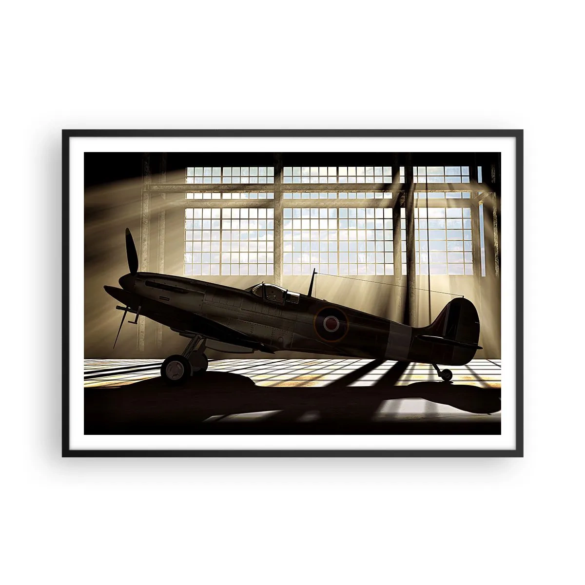 Poster in einem schwarzem Rahmen - Ein historisches Flugzeug in einem Hangar, beleuchtet vom Sonnenlicht - 100x70cm - Die Ruhe eines Kriegers - Moderne Wanddekoration für Wohnzimmer und Schlafzimmer ARTTOR