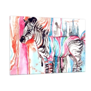 Glasbild - Bild auf glas - Buntes Zebra im Aquarellstil - 120x80cm - Unbeschwerter Witz der Natur - Moderne Wanddekoration für Wohnzimmer und Schlafzimmer ARTTOR